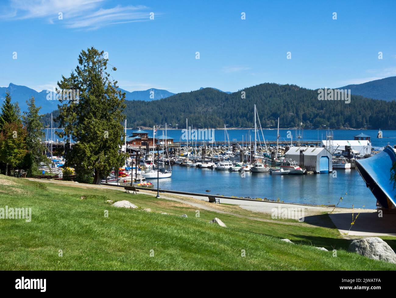 Waterfront park and marina in Gibsons, BC.  On the Sunshine Coast, British Columbia. Stock Photo