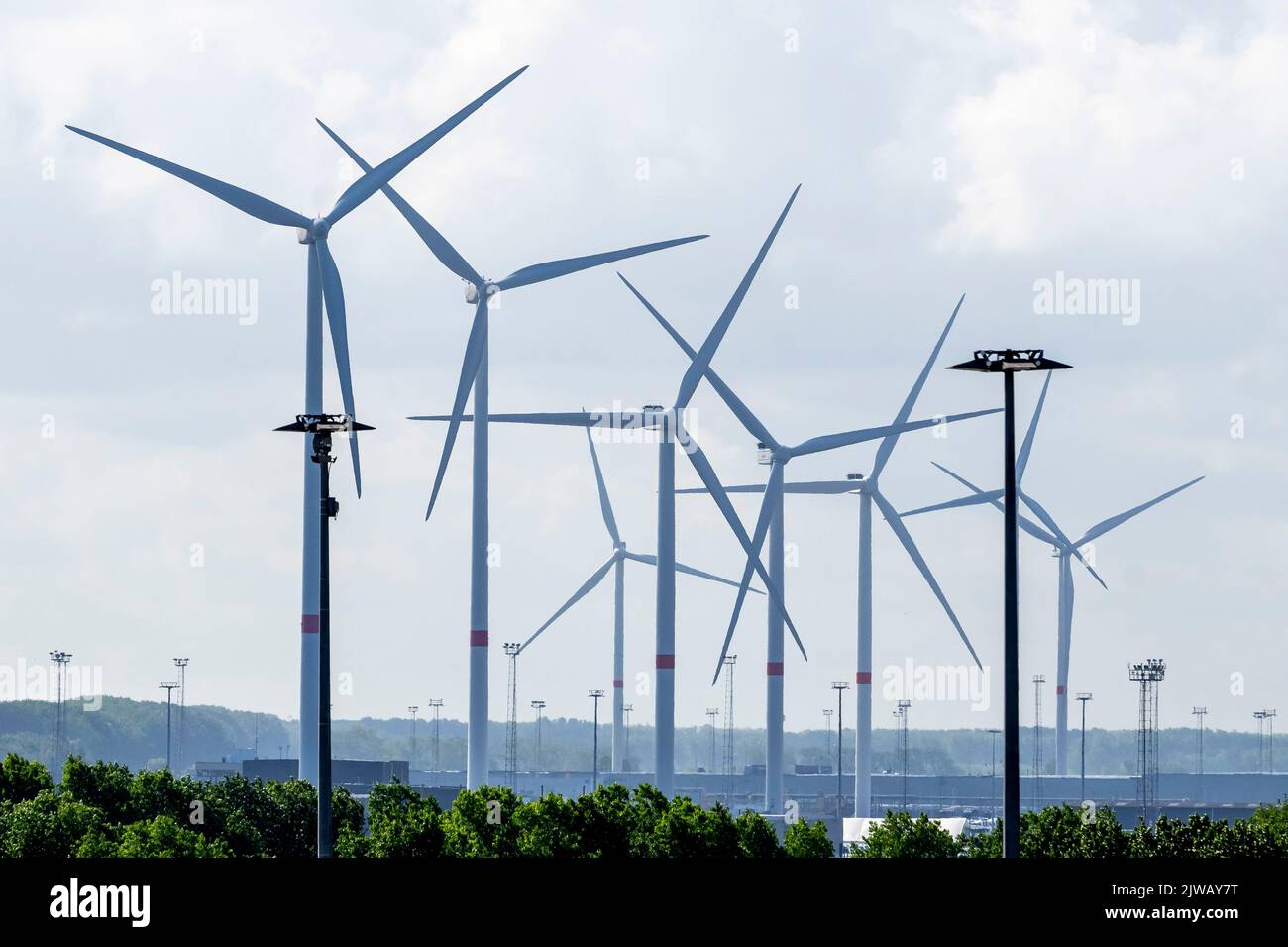 Wind turbines in Bruges, Belgium. Stock Photo