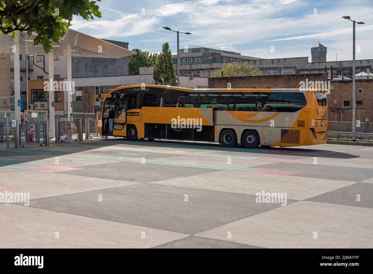 Plymouth, Devon, England, UK. 2022. Coach travel from and to the city