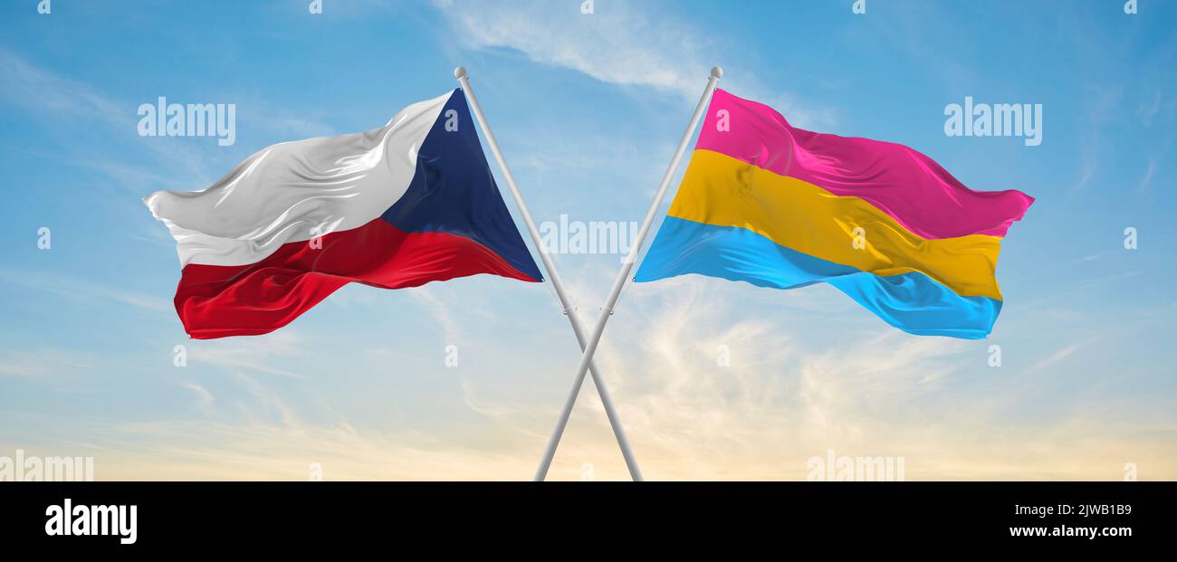 two crossed flags Pansexuality Pride and Czech republic waving in wind ...