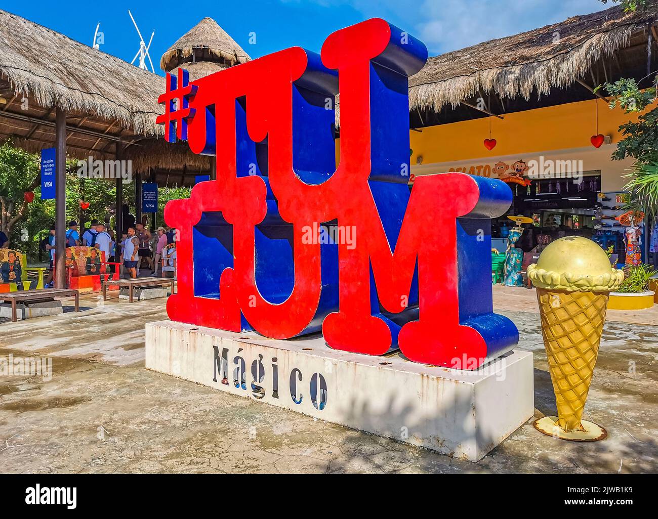 Tulum Mexico 05. August 2022 Big red sign lettering writing Tulum