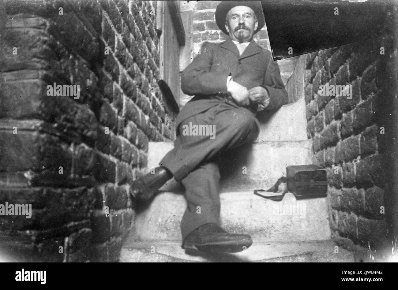 Portrait (self -portrait) of Joh. A. Moesman on the stairs in the Dom tower in Utrecht. Stock Photo