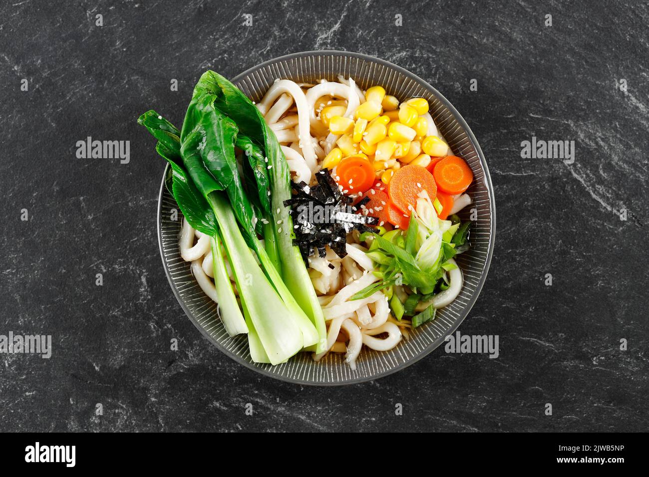 Top View Healthy Japanese Dish, Vegetarian Udon Yaki. Udon Soup with