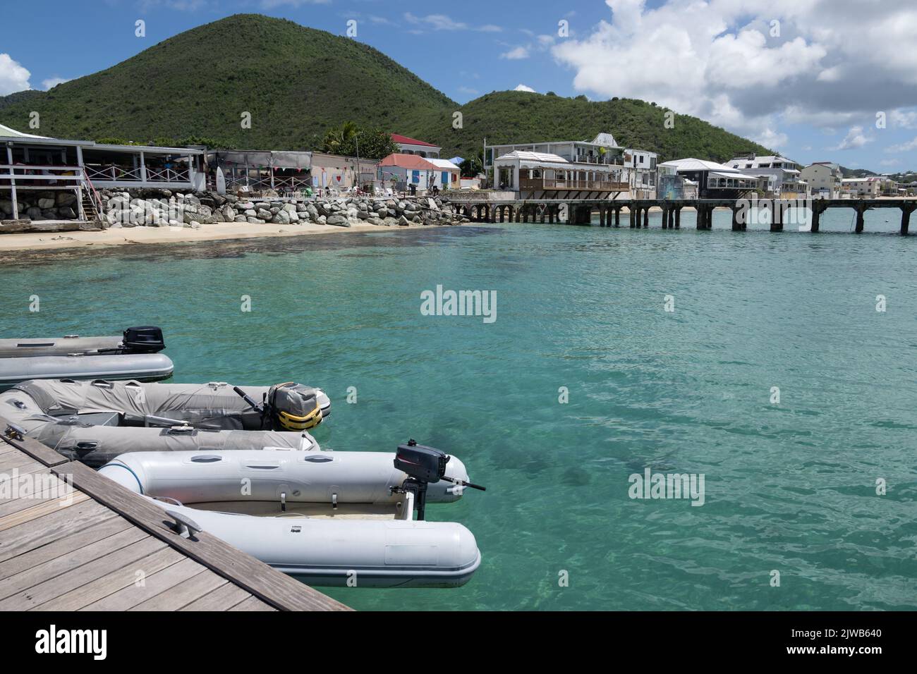 The beach at Grand Case on the French side of the Caribbean isalnd of St Martin Stock Photo