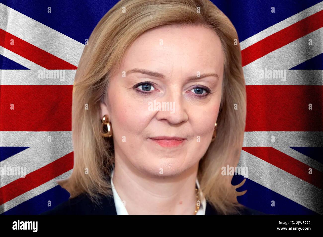Liz Truss, British Prime Minister, and United Kingdom flag Stock Photo