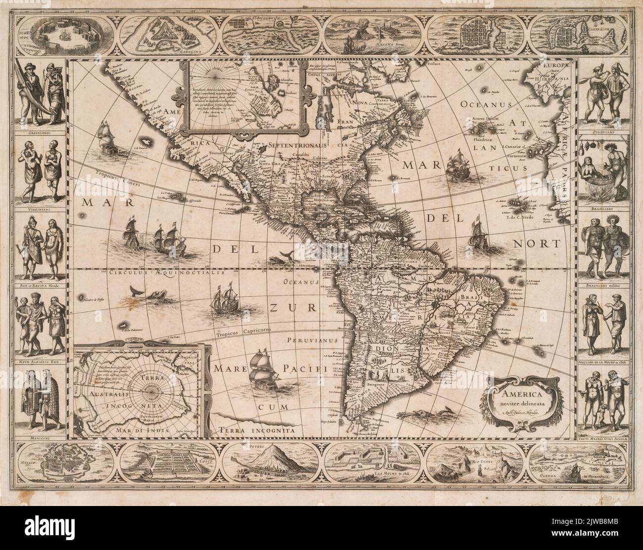 Illustrated new map of the Americas by cartographer Joducus Hondius ca. 1590 Stock Photo