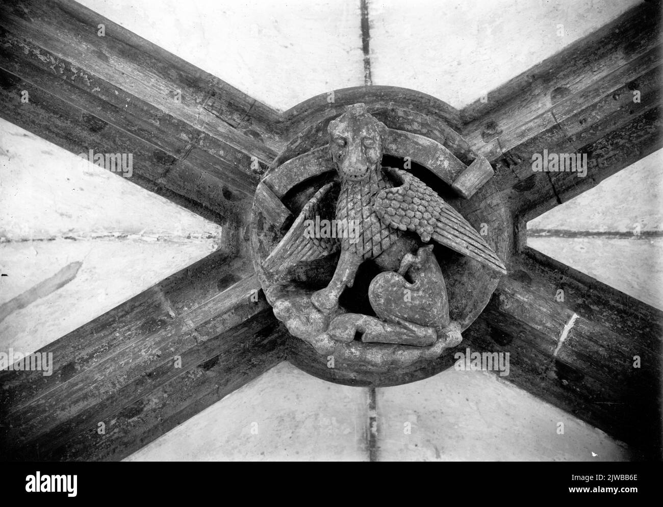 Interior of the Domkerk (Domplein) in Utrecht: keystone in the choir vault of the second bay west of the closing trench, representing the winged lion as a symbol of the evangelist Marcus. Stock Photo