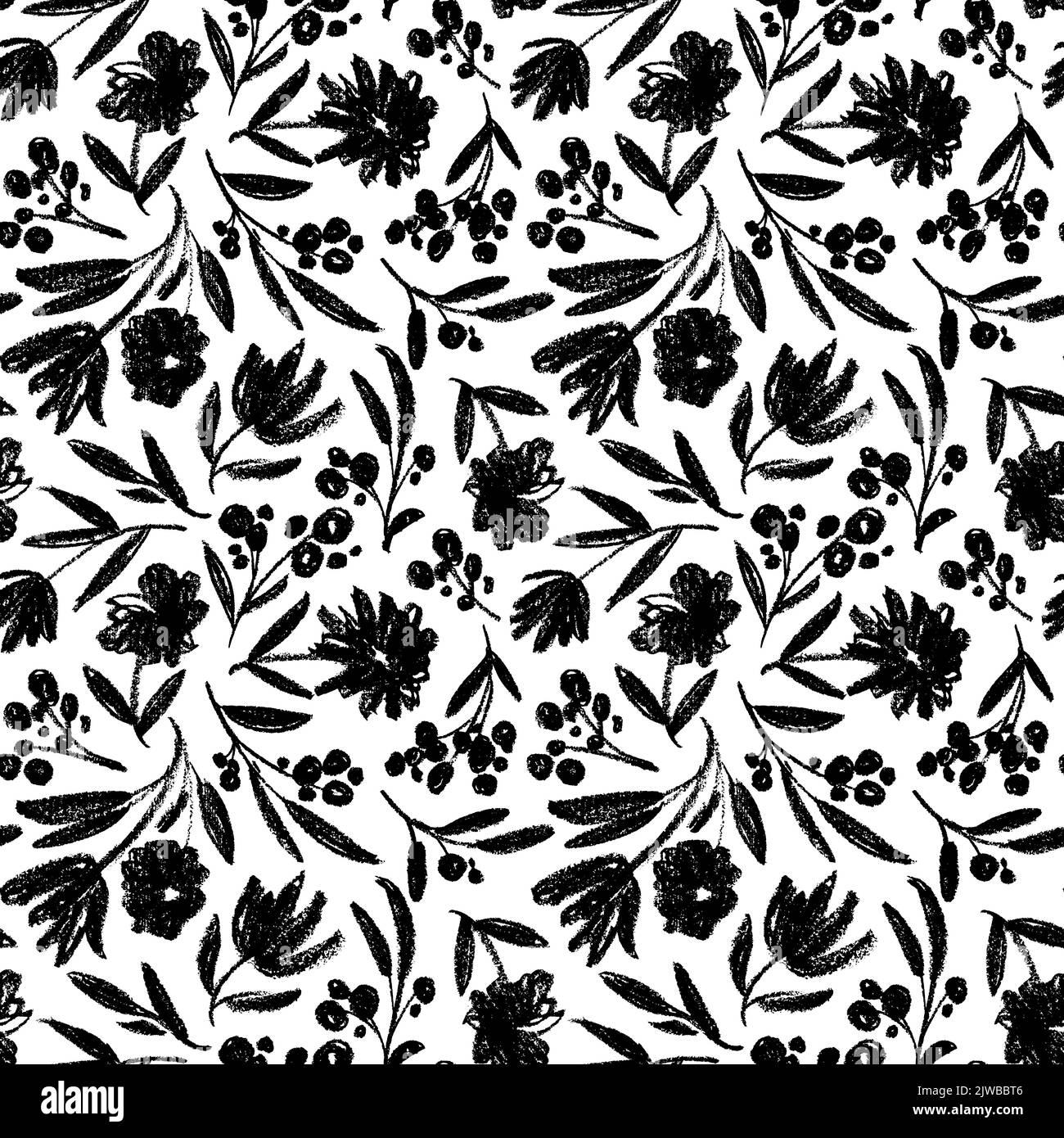 Seamless pattern with charcoal flowers and branch Stock Vector