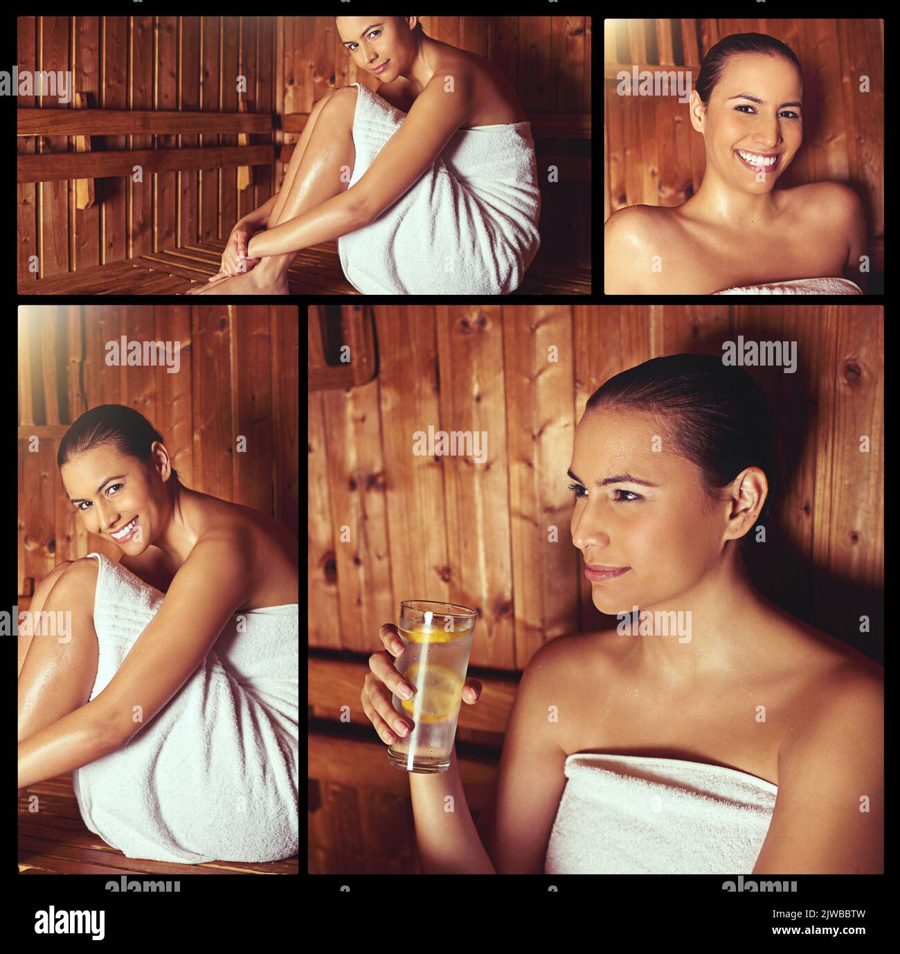 Time to steam your worries away. Composite image of an attractive young woman relaxing in a sauna. Stock Photo
