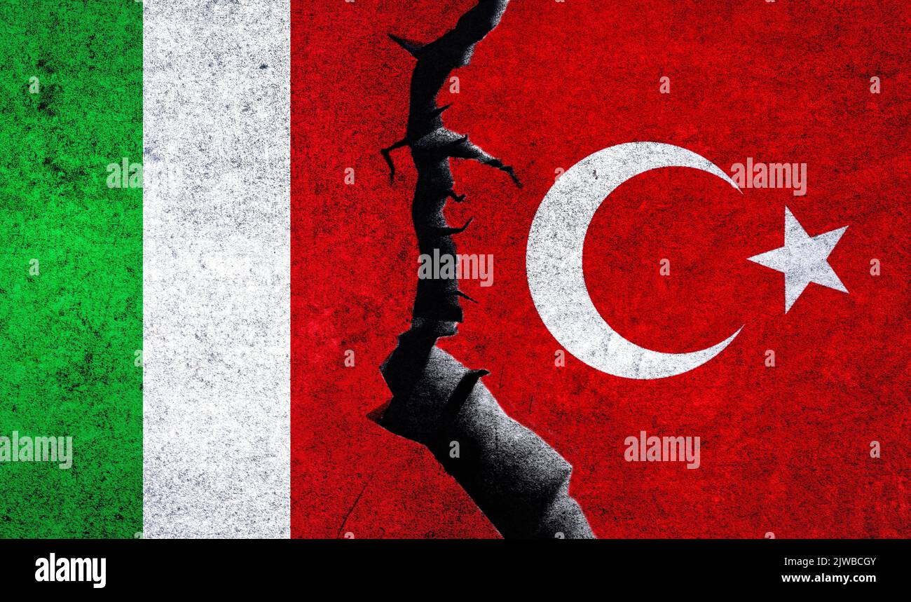 Italy vs Turkey flags on a wall with crack. Turkey Italy relations