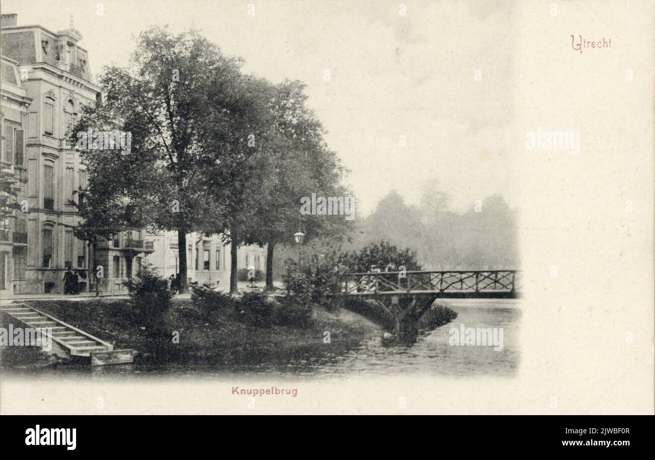 View of the Stadsbuitengracht in Utrecht with the facades of a few houses on the Maliesingel and the bat bridge on the right. Stock Photo