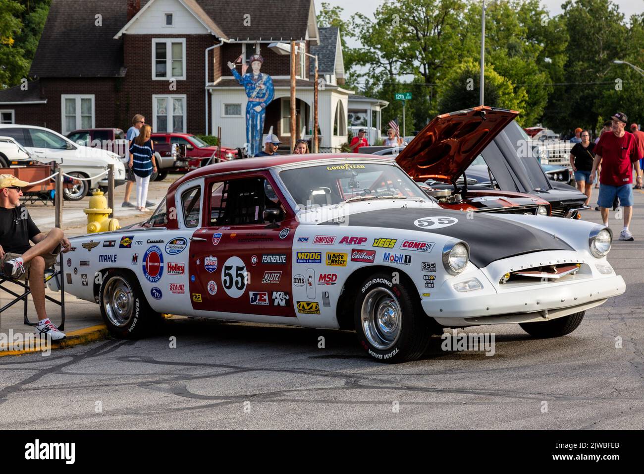 An vintage 1955 Studebaker Commander race car on display at a car show in Auburn, Indiana, USA. Stock Photo
