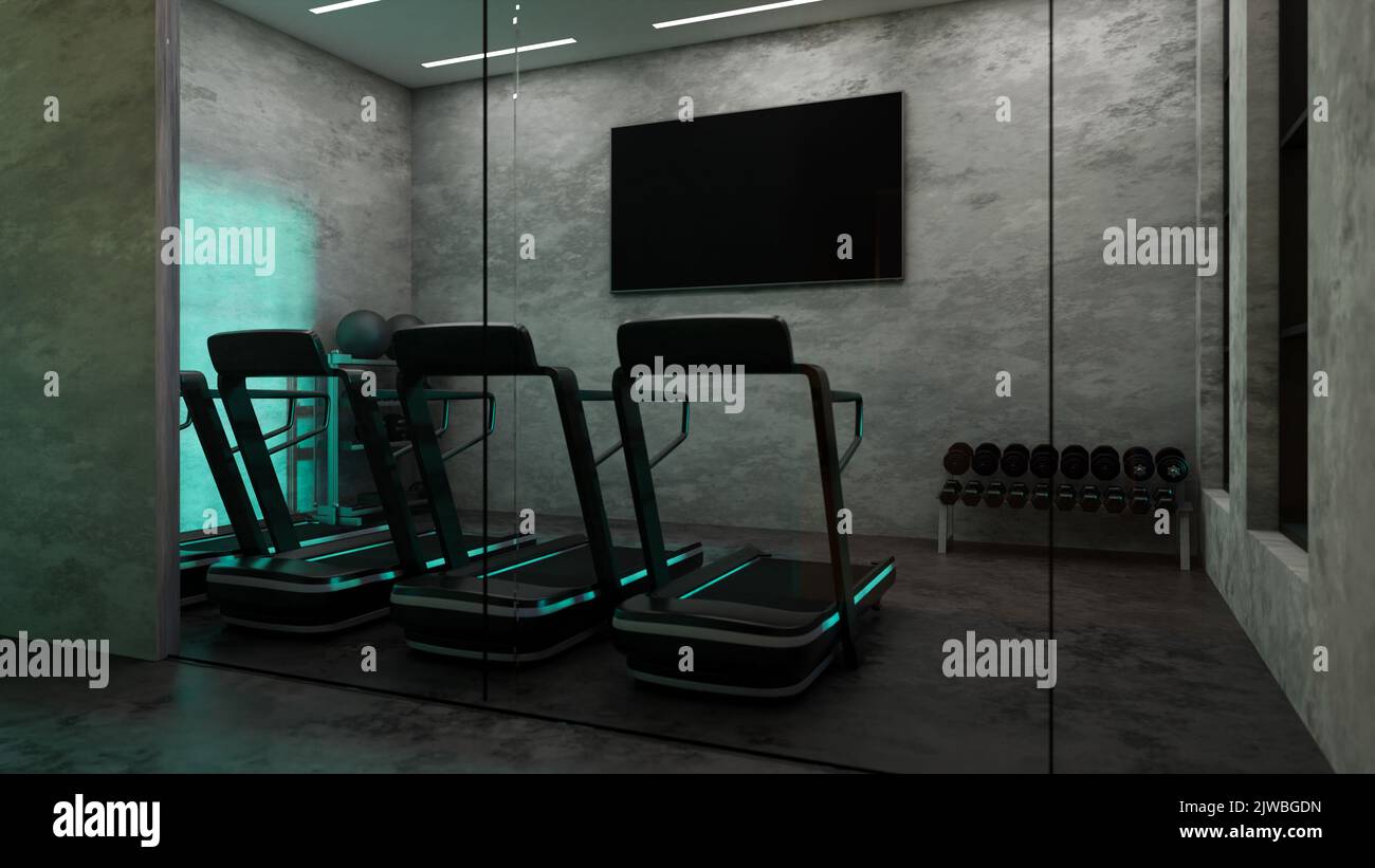 Modern dark fitness gym sport training center interior design with