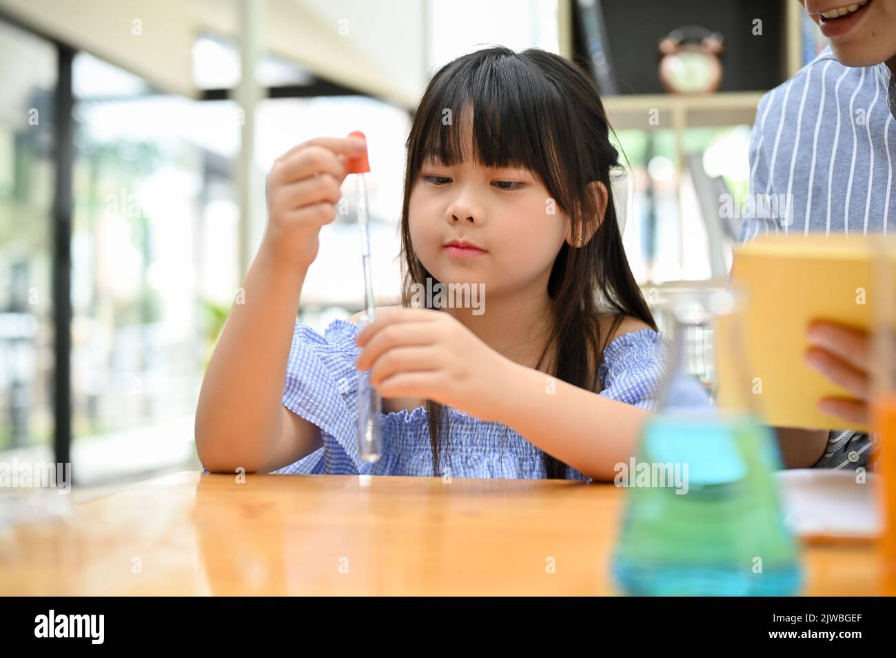 Charming little Asian girl concentrating learning while doing a kid