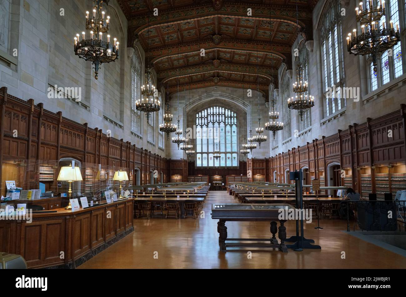 Ann Arbor, Michigan, USA - August 2022:  Ornate gothic style interior of the library of the University of Michigan Law School Stock Photo