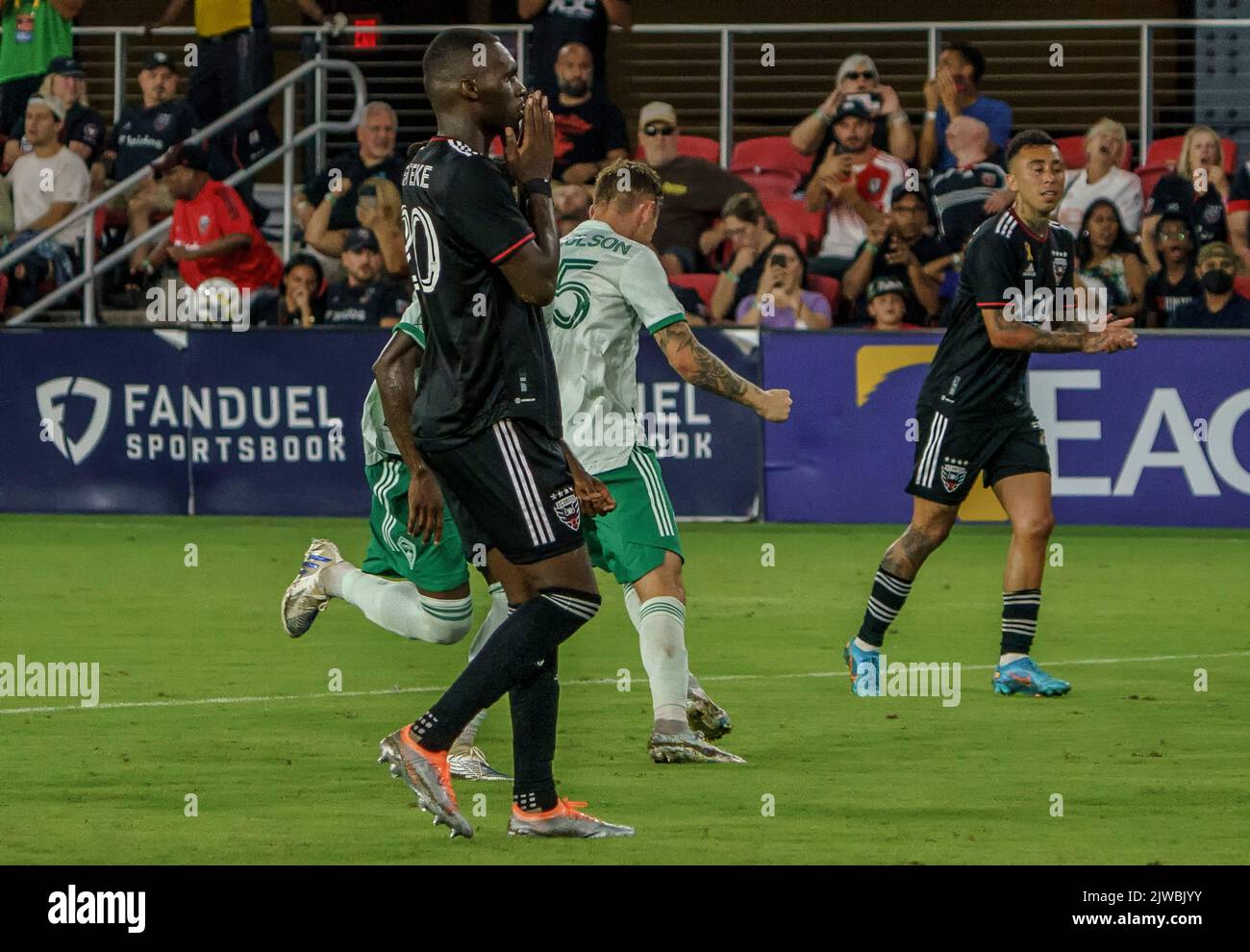 WASHINGTON, DC, USA - 4 SEPTEMBER 2022: D.C. United forward Christian Benteke (20) after missing a penalty kick early in the second half during a MLS match between D.C United and the Colorado Rapids, on September 04, 2022, at Audi Field, in Washington, DC. (Photo by Tony Quinn-Alamy Live News) Stock Photo
