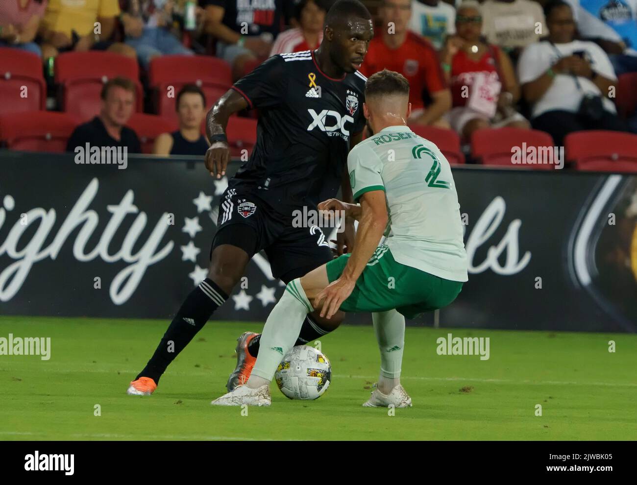 WASHINGTON, DC, USA - 4 SEPTEMBER 2022: Colorado Rapids defender Keegan Rosenberry (2) moves in to defend against D.C. United forward Christian Benteke (20) during a MLS match between D.C United and the Colorado Rapids, on September 04, 2022, at Audi Field, in Washington, DC. (Photo by Tony Quinn-Alamy Live News) Stock Photo