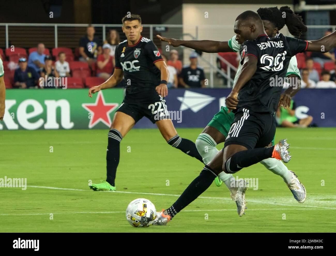 WASHINGTON, DC, USA - 4 SEPTEMBER 2022: D.C. United forward Christian Benteke (20) winds up for a shot during a MLS match between D.C United and the Colorado Rapids, on September 04, 2022, at Audi Field, in Washington, DC. (Photo by Tony Quinn-Alamy Live News) Stock Photo