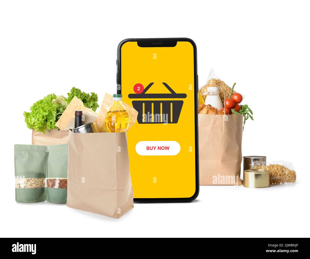 Big smartphone and many bags with food on white background. Online ...