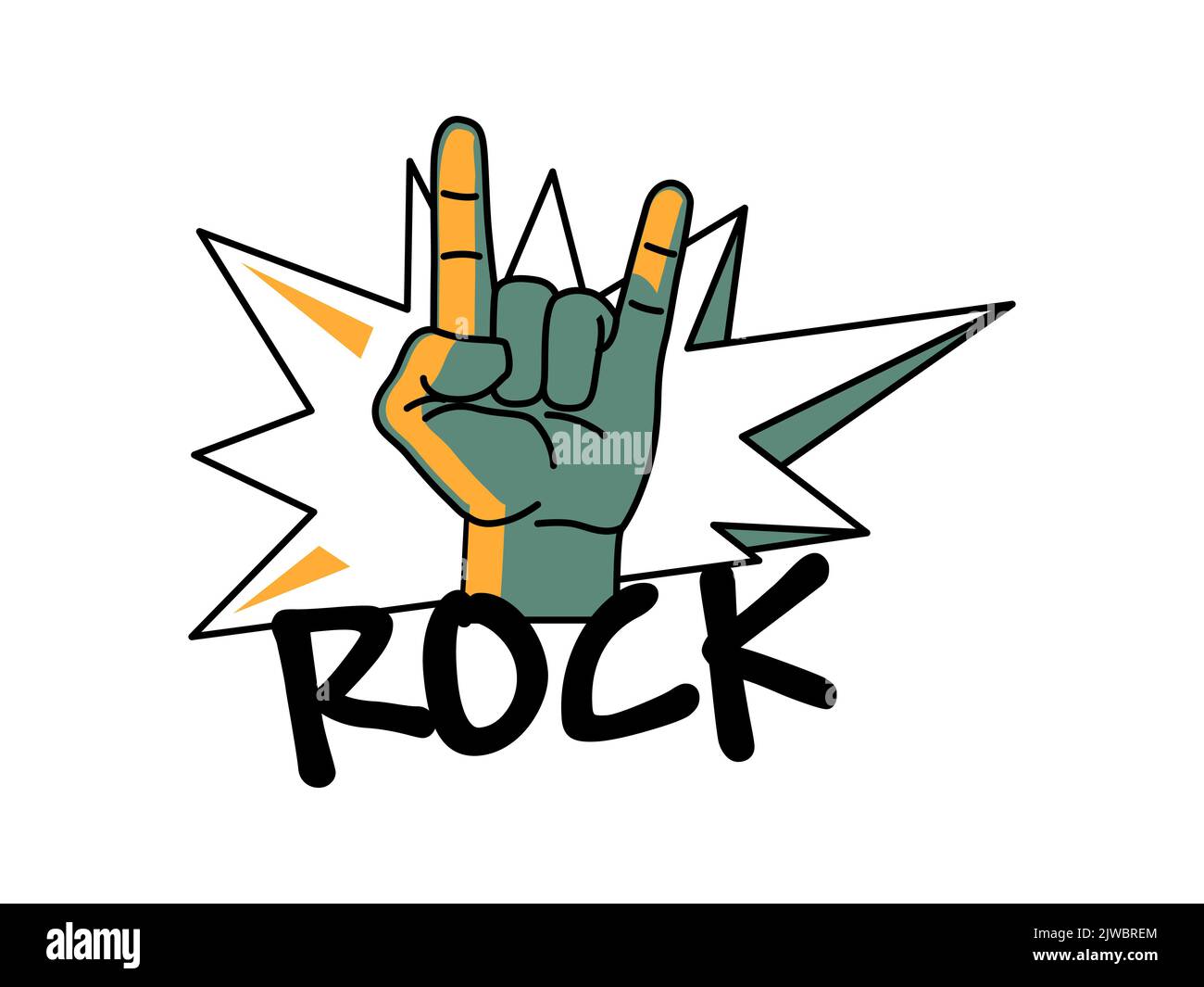 Vector cartoon hand shows a goat gesture with text Rock. Rock symbol on