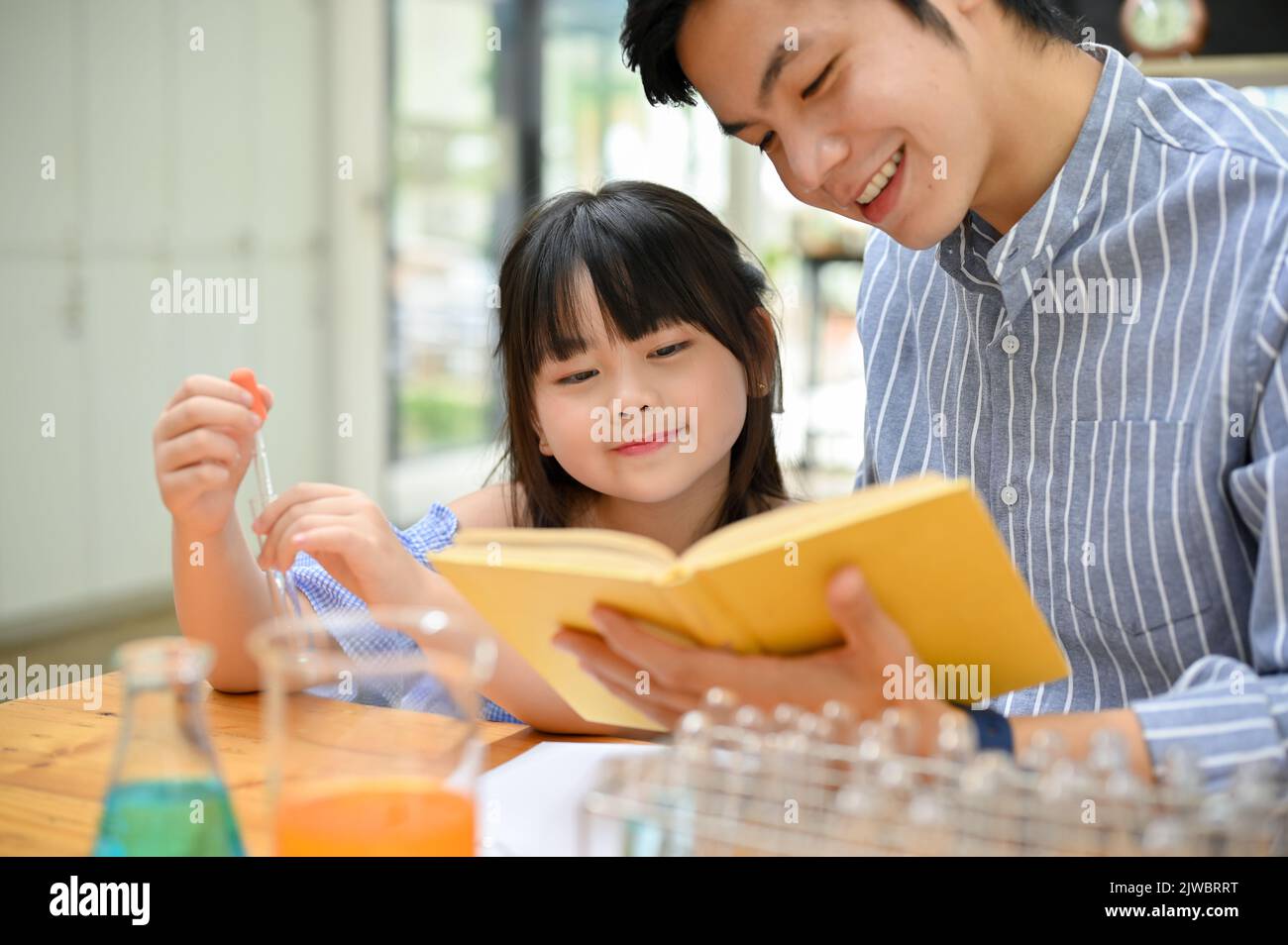 Bright little Asian girl concentrating learning science while her ...