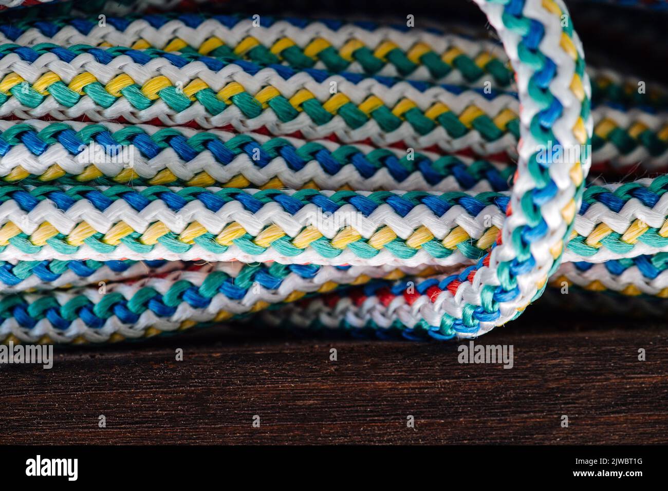 Bundle of colorful rope close up. Blue, green, yellow and white strands  twined and twisted together Stock Photo - Alamy