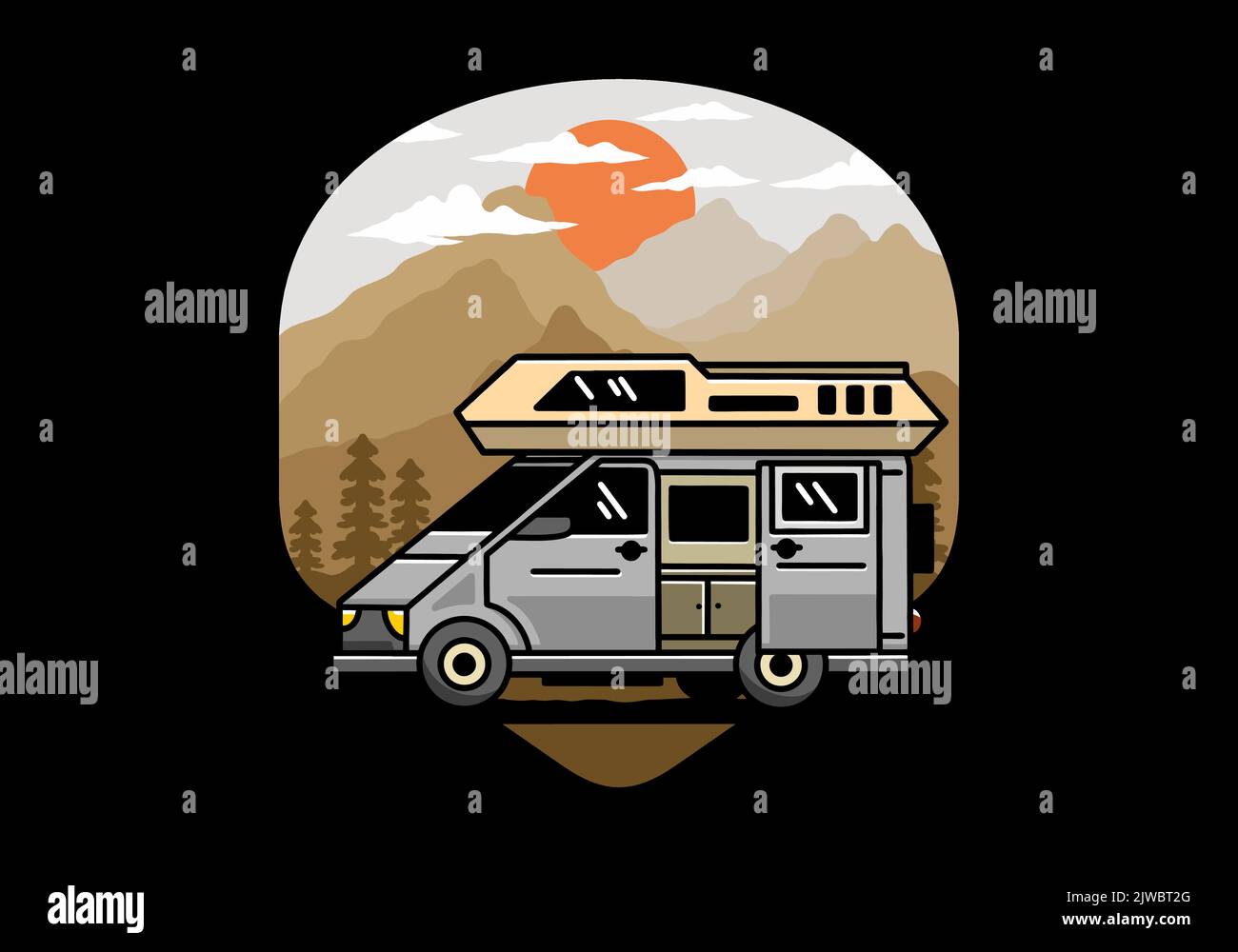 Big family van with sliding door for camping illustration badge design ...