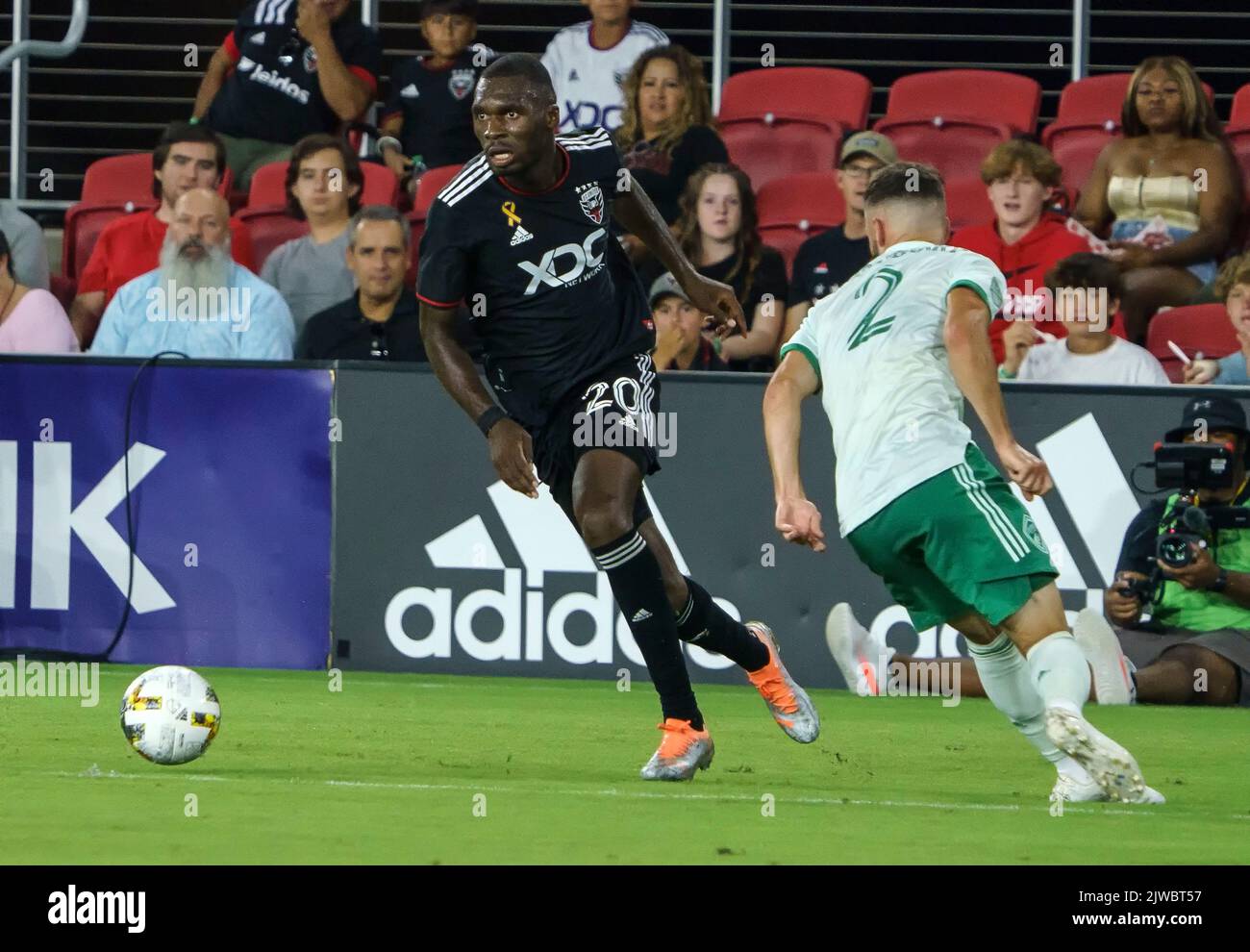 WASHINGTON, DC, USA - 4 SEPTEMBER 2022: Colorado Rapids defender Keegan Rosenberry (2) defends against D.C. United forward Christian Benteke (20) during a MLS match between D.C United and the Colorado Rapids, on September 04, 2022, at Audi Field, in Washington, DC. (Photo by Tony Quinn-Alamy Live News) Stock Photo