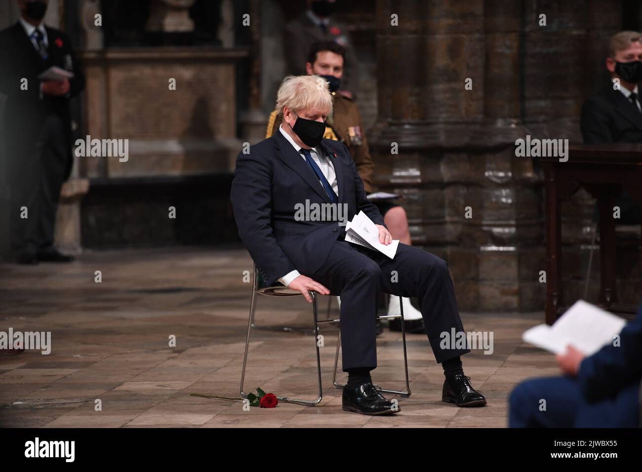 File photo dated 11/11/20 of Prime Minister Boris Johnson at Westminster Abbey in London, during a service to mark Armistice Day and the centenary of the burial of the unknown warrior. Either Liz Truss or Rishi Sunak will be declared as the new leader of the Conservative Party, and successor to Prime Minister Boris Johnson, on Monday afternoon. The incoming PM will face a daunting set of challenges including an energy crisis, soaring inflation, further strike action and the ongoing war in Ukraine.Issue date: Monday September 5, 2022. Stock Photo