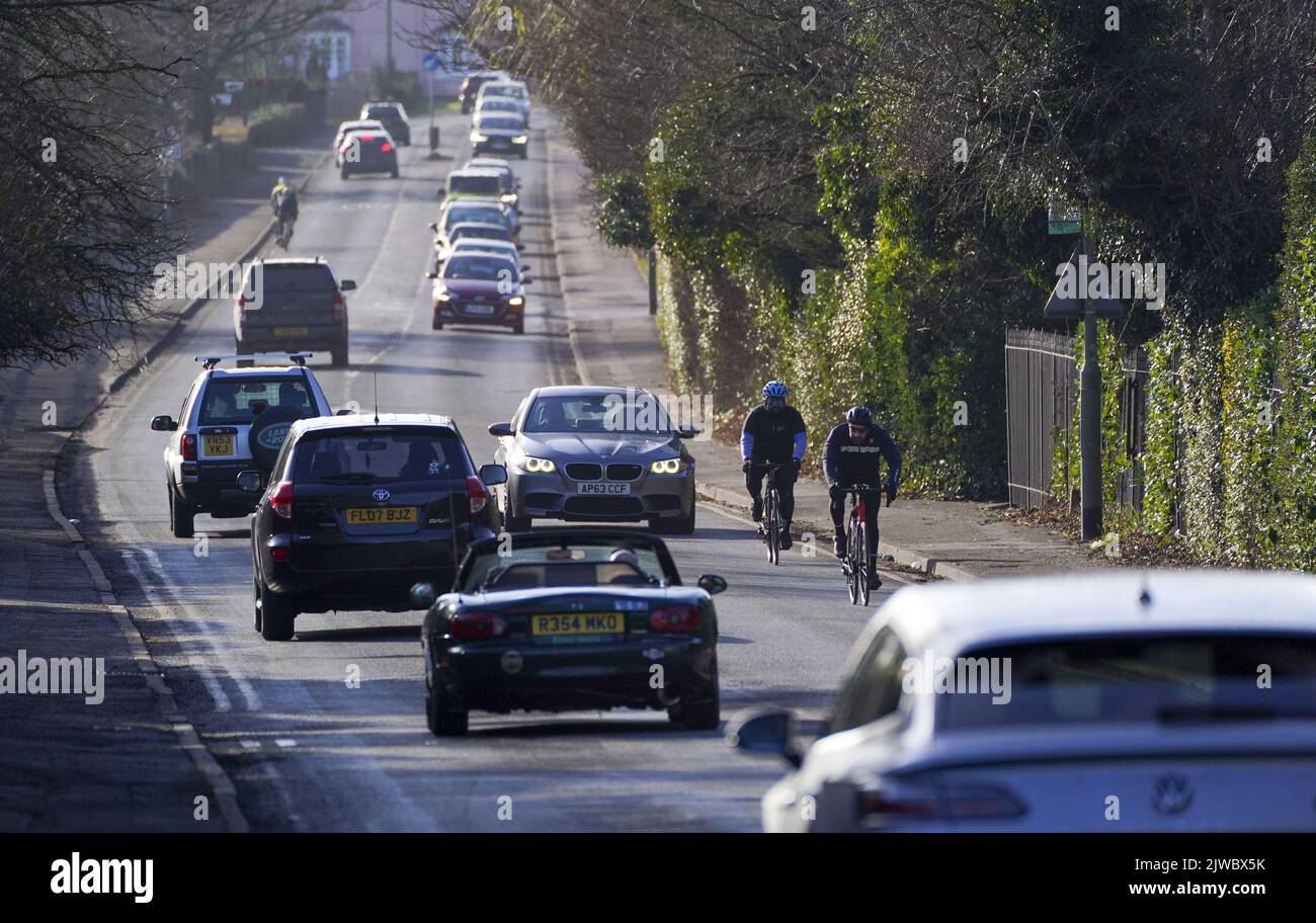 File photo dated 30/1/2022 of cyclists riding their bikes in Windsor, Berkshire. Three-fifths of drivers have not read new Highway Code guidance aimed at providing more protection for vulnerable road users, a new survey suggests. Some 61% of respondents to an AA poll of 13,300 motorists said they had not read updates made in January. The Highway Code contains advice and rules for people on Britain's roads. Issue date: Monday September 5, 2022. Stock Photo