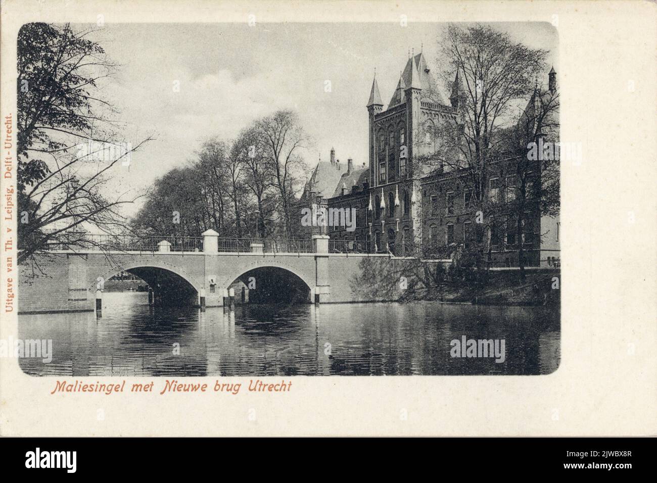 View of the Stadsbuitengracht in Utrecht with the Abstederbrug and on the right the facade of the Roman Catholic orphan and Oudeliersticht. Stock Photo