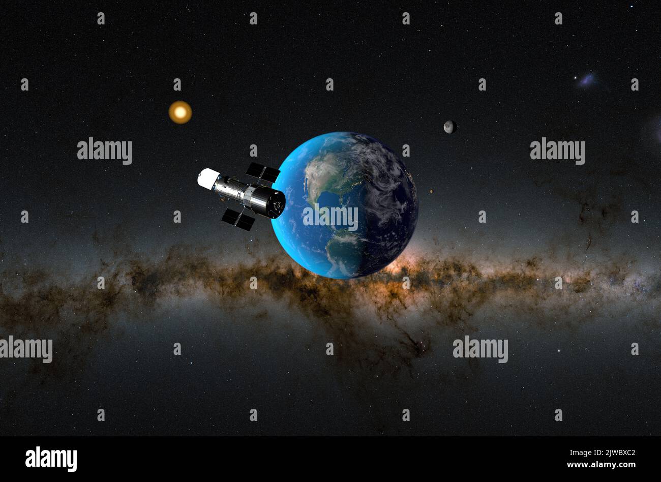 Hubble space telescope with Earth and Moon. In the background: Venus – isometric view 3d illustration Stock Photo