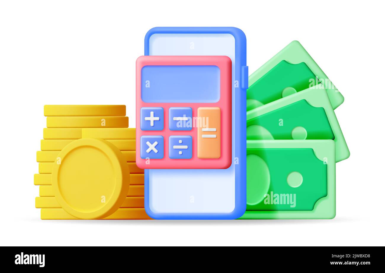 3D Smartphone with Money and Calculator. Stock Vector