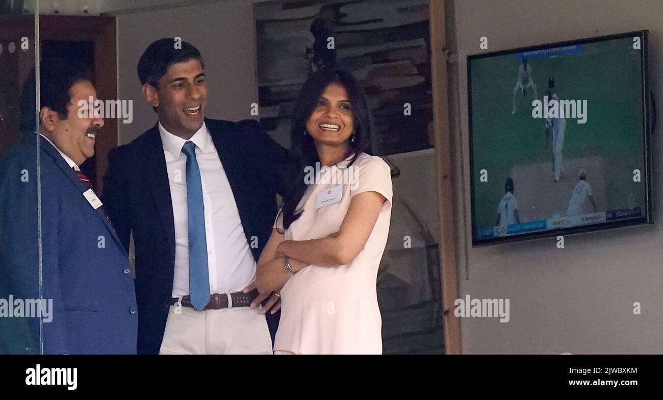 File photo dated 12/08/21 of Chancellor of the Exchequer Rishi Sunak and his wife Akshata Murthy in the stands during day one of the cinch Second Test match at Lord's, London. Liz Truss and Rishi Sunak are awaiting the results of a poll of Conservative Party members deciding which of them has been selected as the new party leader, and will become the next Prime Minister. Issue date: Monday September 5, 2022. Stock Photo