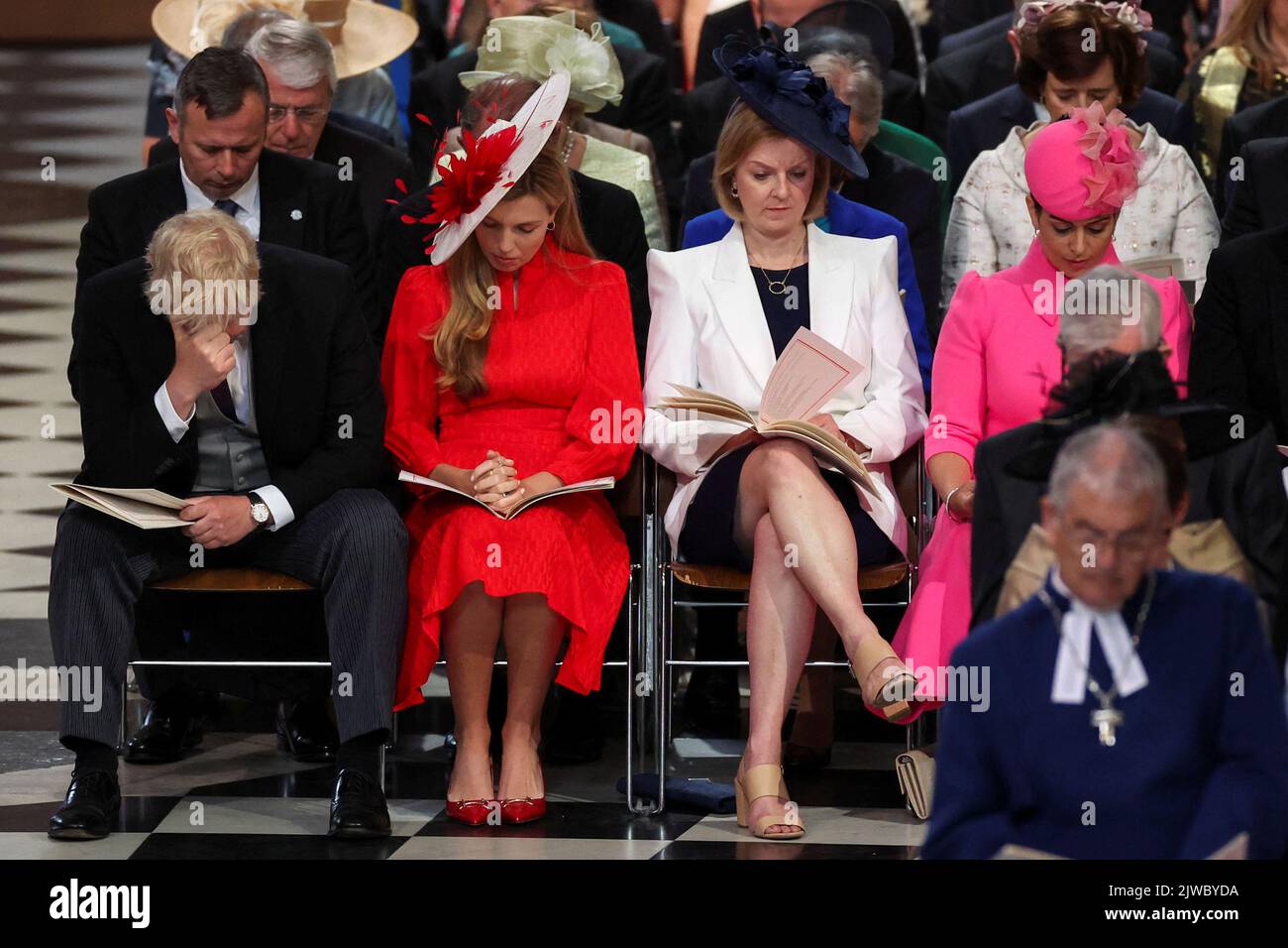File photo dated 03/06/22 of (left to right) Prime Minister Boris Johnson, his wife Carrie Johnson, Foreign Secretary Liz Truss and Home Secretary Priti Patel attending the National Service of Thanksgiving at St Paul's Cathedral, London, on day two of the Platinum Jubilee celebrations for Queen Elizabeth II. Liz Truss and Rishi Sunak are awaiting the results of a poll of Conservative Party members deciding which of them has been selected as the new party leader, and will become the next Prime Minister. Issue date: Monday September 5, 2022. Stock Photo