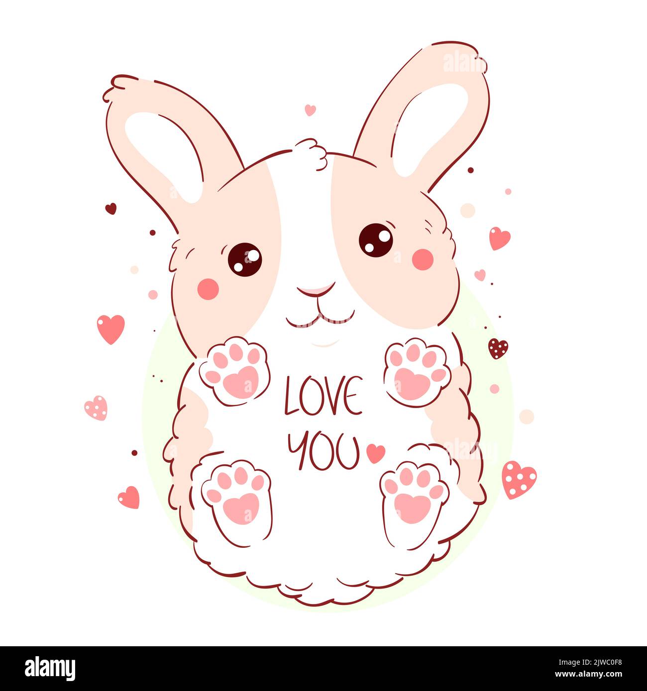 Cute Valentine card in kawaii style. Lovely bunny with pink hearts. Inscription Love you. Can be used for t-shirt print, stickers, greeting card desig Stock Vector