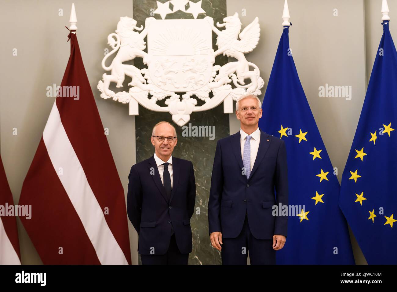 RIGA, LATVIA. 5th September 2022. Krisjanis Karins (R), Latvian PM meets with Luc Frieden (L), President of Eurochambres in Riga, Latvia. Credit: Gints Ivuskans/Alamy Live News Stock Photo