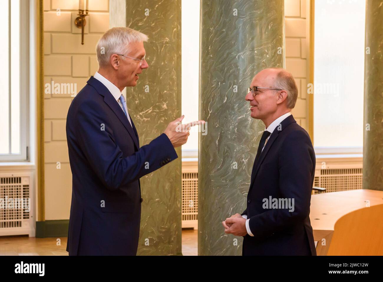 RIGA, LATVIA. 5th September 2022. Krisjanis Karins (L), Latvian PM meets with Luc Frieden (R), President of Eurochambres in Riga, Latvia. Credit: Gints Ivuskans/Alamy Live News Stock Photo