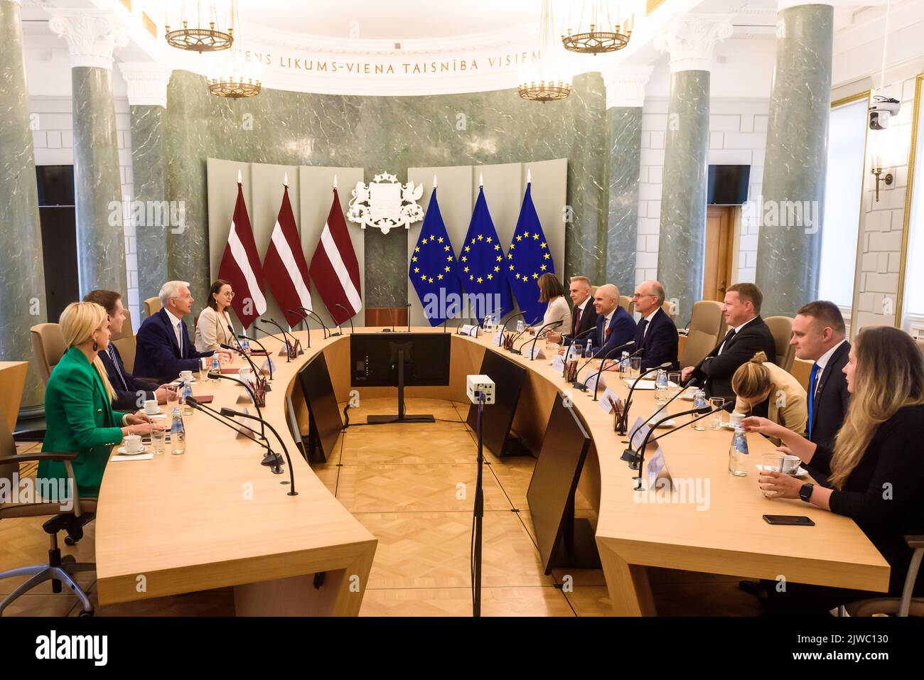 RIGA, LATVIA. 5th September 2022. Krisjanis Karins, Latvian PM meets with Luc Frieden, President of Eurochambres in Riga, Latvia. Credit: Gints Ivuskans/Alamy Live News Stock Photo