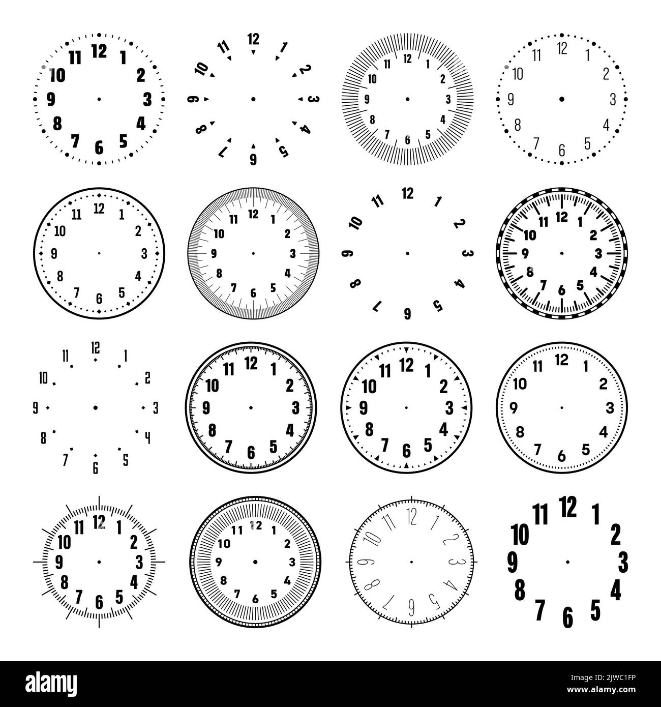 Mechanical clock faces with arabic numerals, bezel. Watch dial with