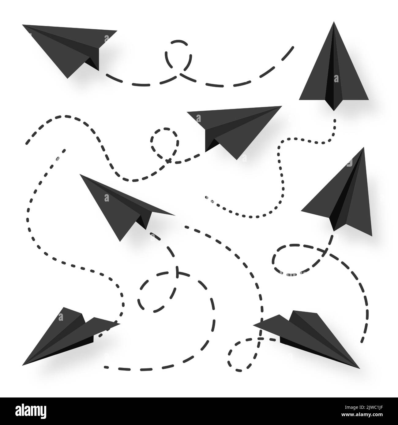 Various realistic black paper planes collection. Handmade origami