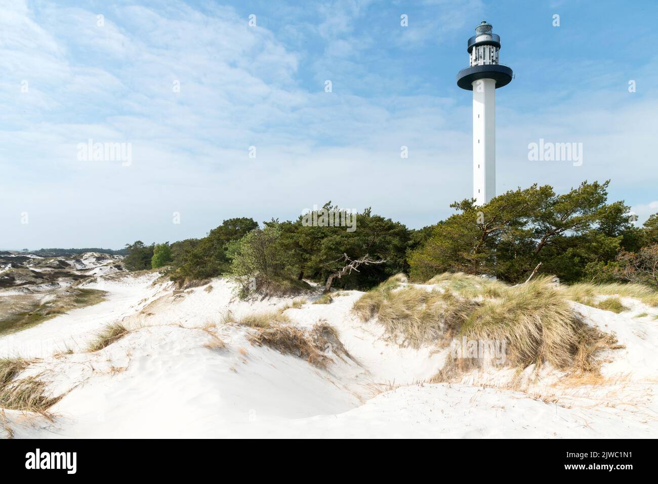 dune and white sands with lighthouse, Dueodde, isle of Bornholm Denmark Stock Photo
