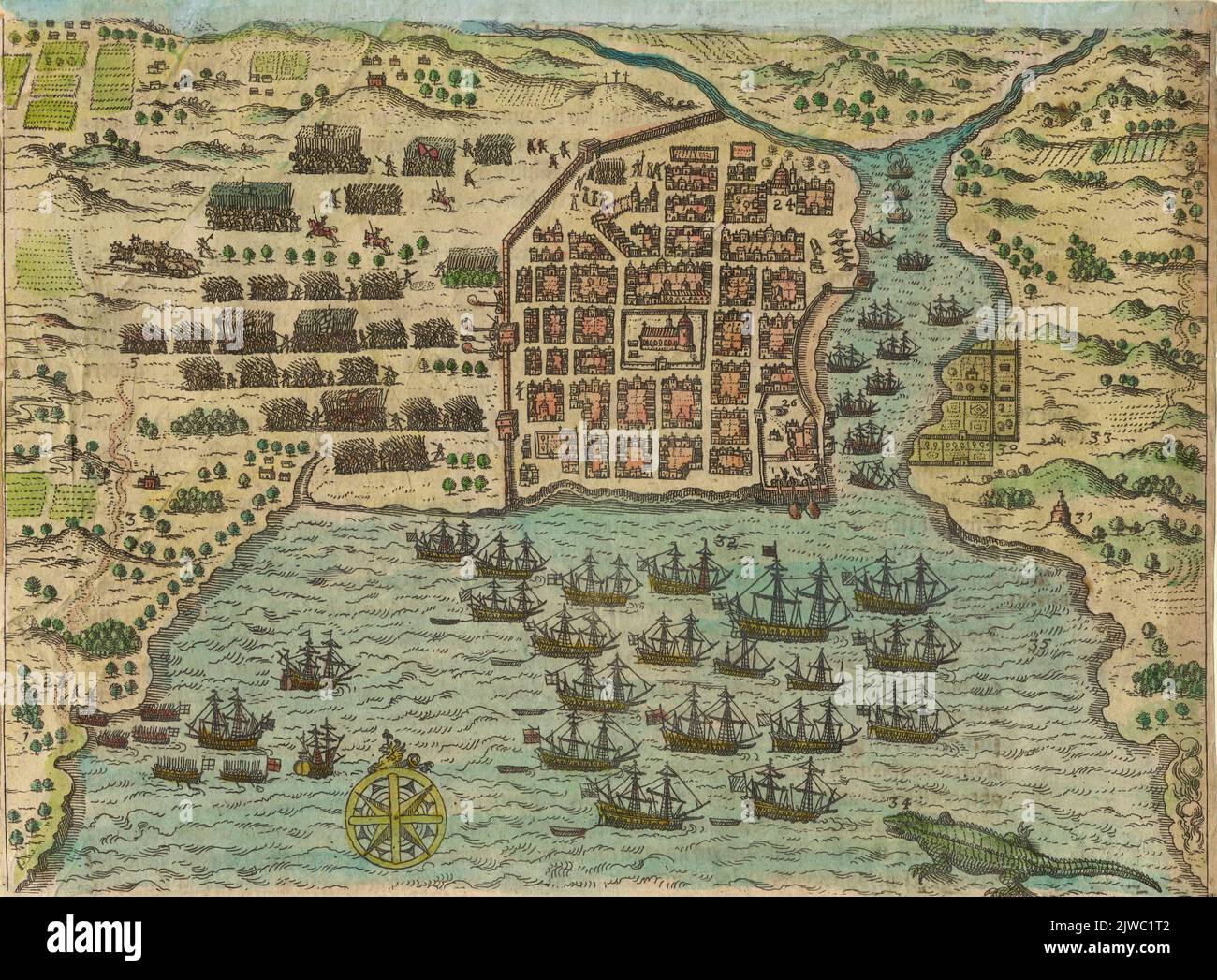 Pictorial map view of Santo Domingo on the island of Hispaniola ca.1585-1586, hand-colored engraving by Theodor de Bry Stock Photo