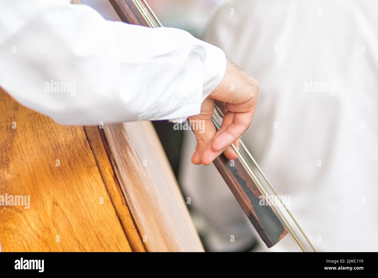 Detail of a double bass player's fingers during a performance Stock Photo