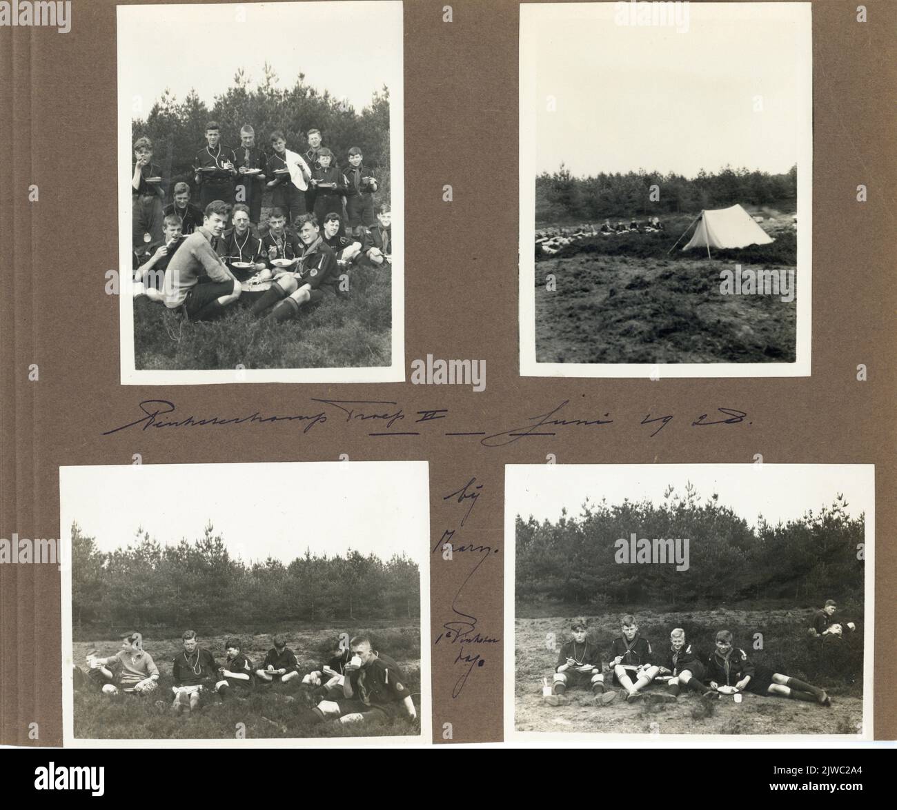 Image of a page from a family album with photos of the Pentecost camp of group 2, Department Utrecht of the N.P.V. (Dutch Badvinders Association) in Maarn.n.b. Group 2, Utrecht department of the N.P.V. Later was given the name Salwega. Stock Photo