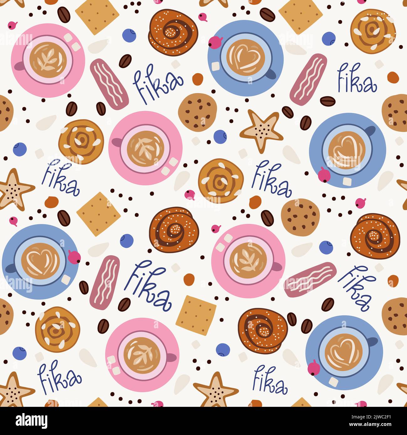 Fika seamless pattern. Cups of coffee, sweets and word Fika. Stock Vector