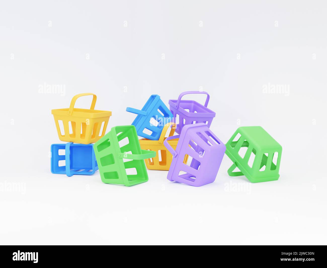 Multi-colors empty shopping baskets on white background. 3d rendering ...