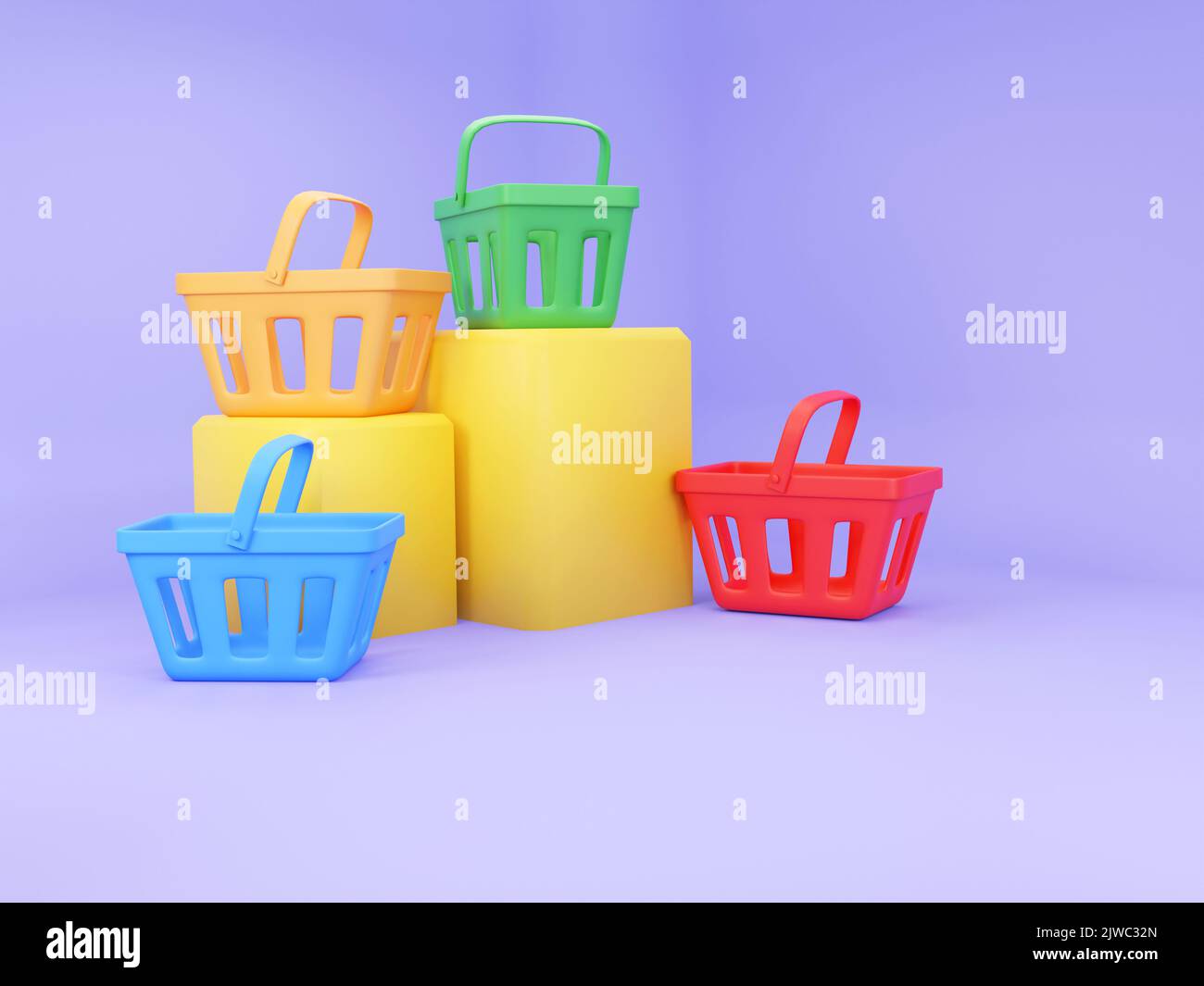 Multi-colors empty shopping baskets on purple background. 3d rendering ...