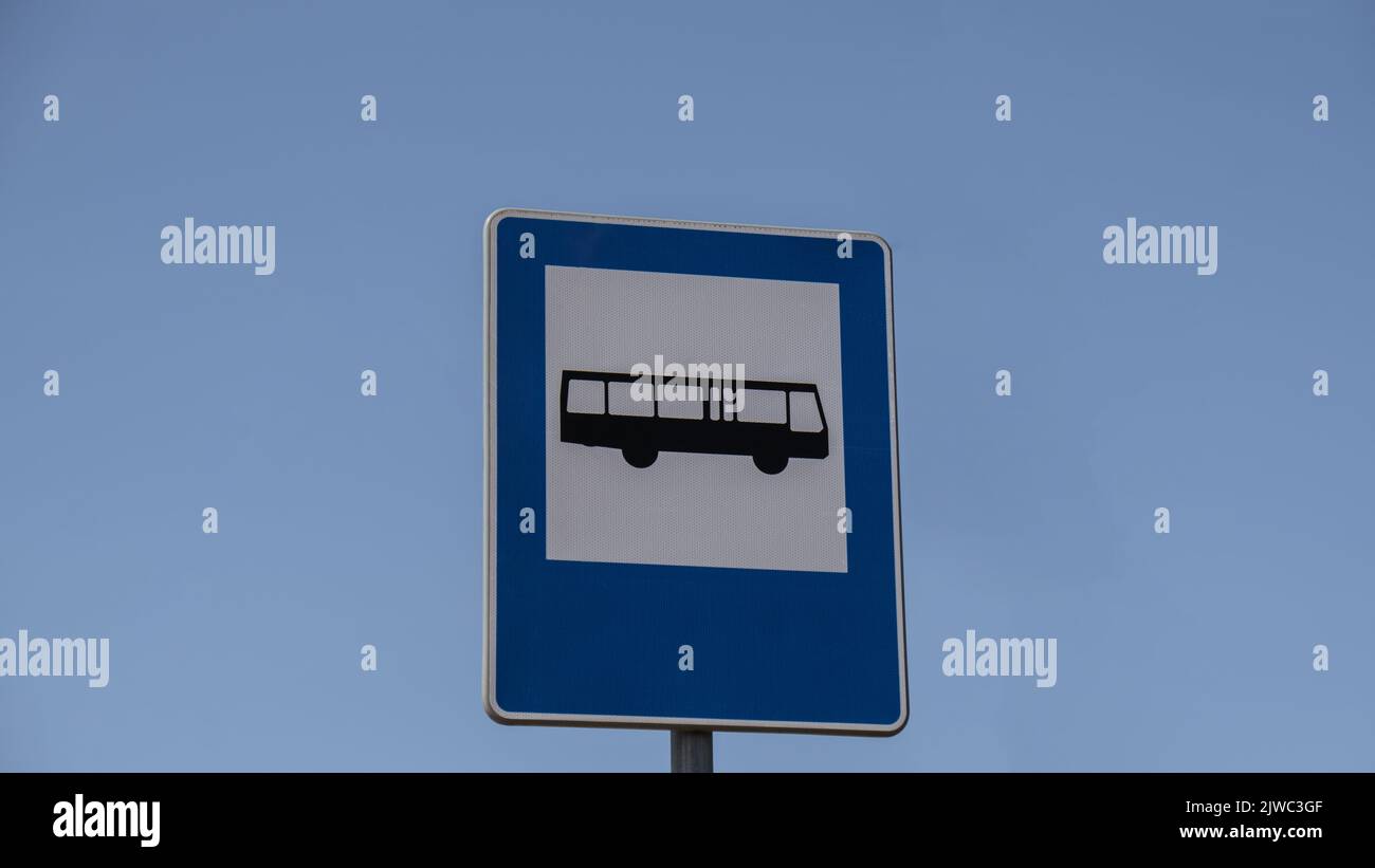 Blue And White Bus Stop Sign In Europe With Sky Background Bus Stop 