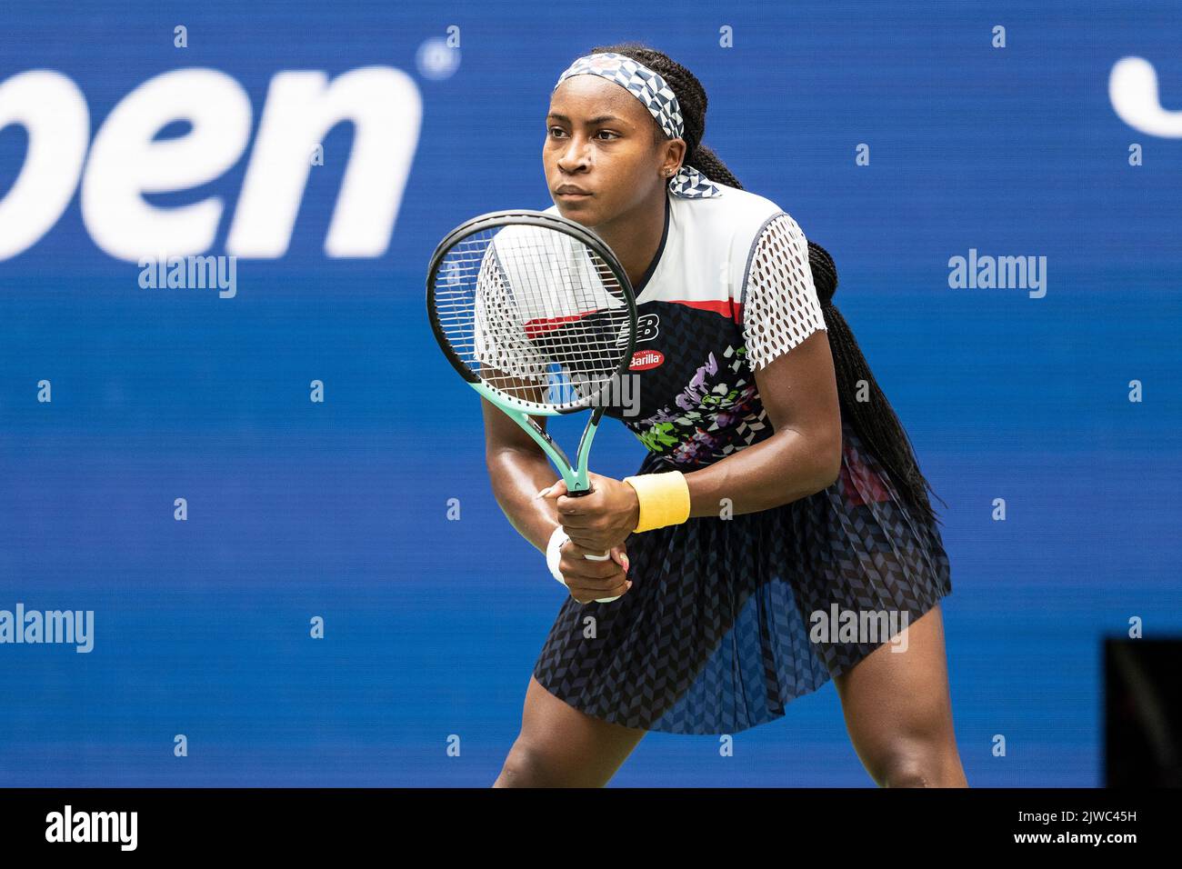 New York, USA. 04th Sep, 2022. Coco Gauff in action during 4th round of US Open Championships against Shuai Zhang of China at USTA Billie Jean King National Tennis Center in New York on September 4, 2022. Gauff won in straight sets and moved into quarterfinals of the Open for the first time in her career. (Photo by Lev Radin/Spa USA) Credit: Sipa USA/Alamy Live News Stock Photo